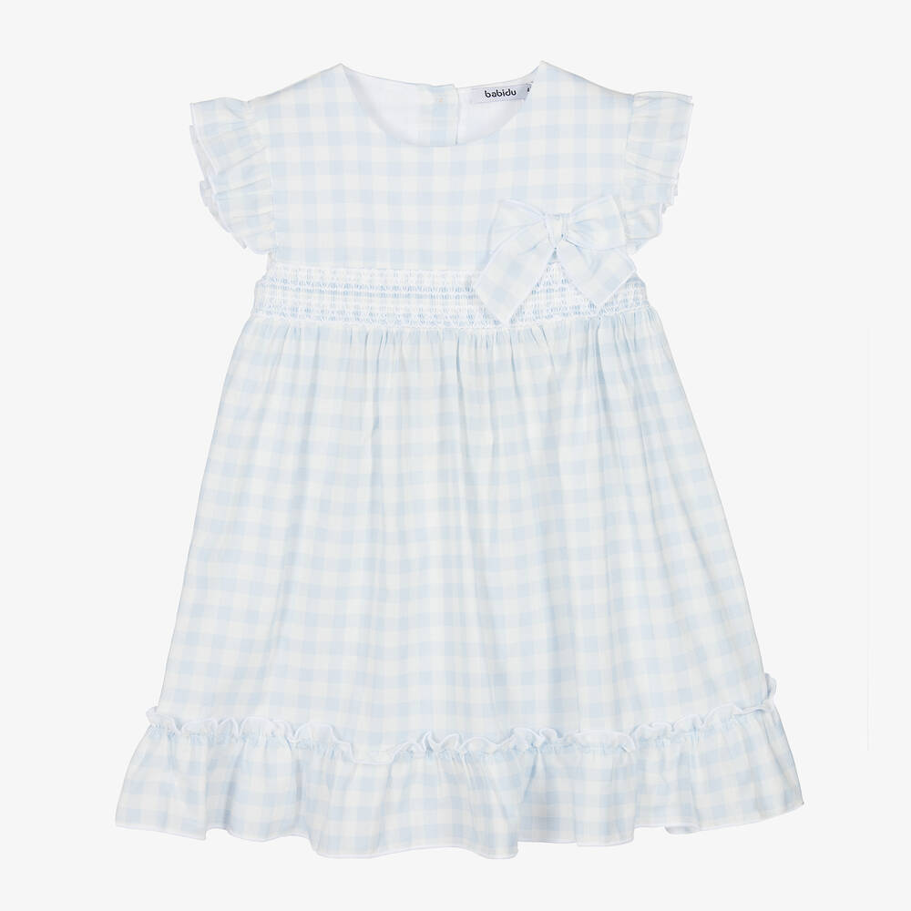 Babidu - Girls Blue & White Check Cotton Dress | Childrensalon
