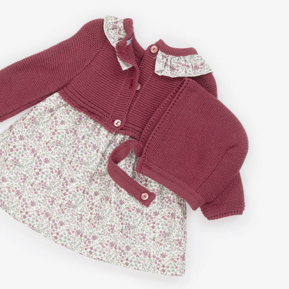 Babidu-Girls Burgundy Red Floral Cotton Dress Set | Childrensalon Outlet