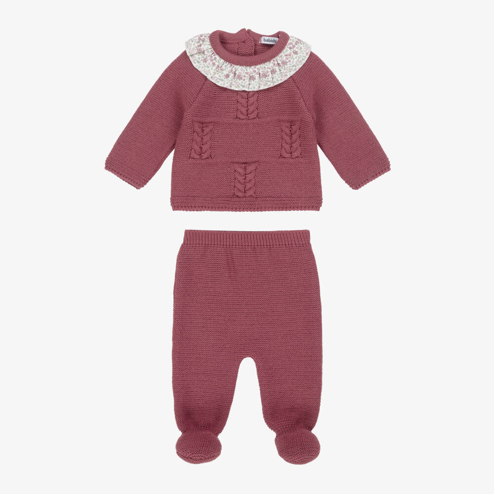 Babidu-Girls Burgundy Red Knit Babysuit Set with Ruffle Collar | Childrensalon Outlet