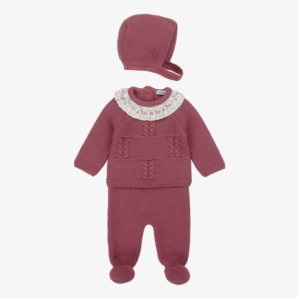 Babidu-Girls Burgundy Red Knit Babysuit Set with Ruffle Collar | Childrensalon Outlet