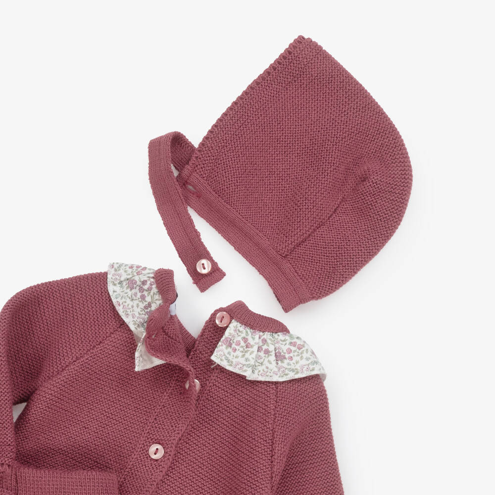Babidu-Girls Burgundy Red Knit Babysuit Set with Ruffle Collar | Childrensalon Outlet