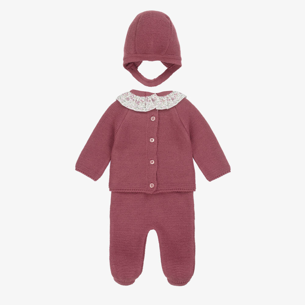 Babidu-Girls Burgundy Red Knit Babysuit Set with Ruffle Collar | Childrensalon Outlet