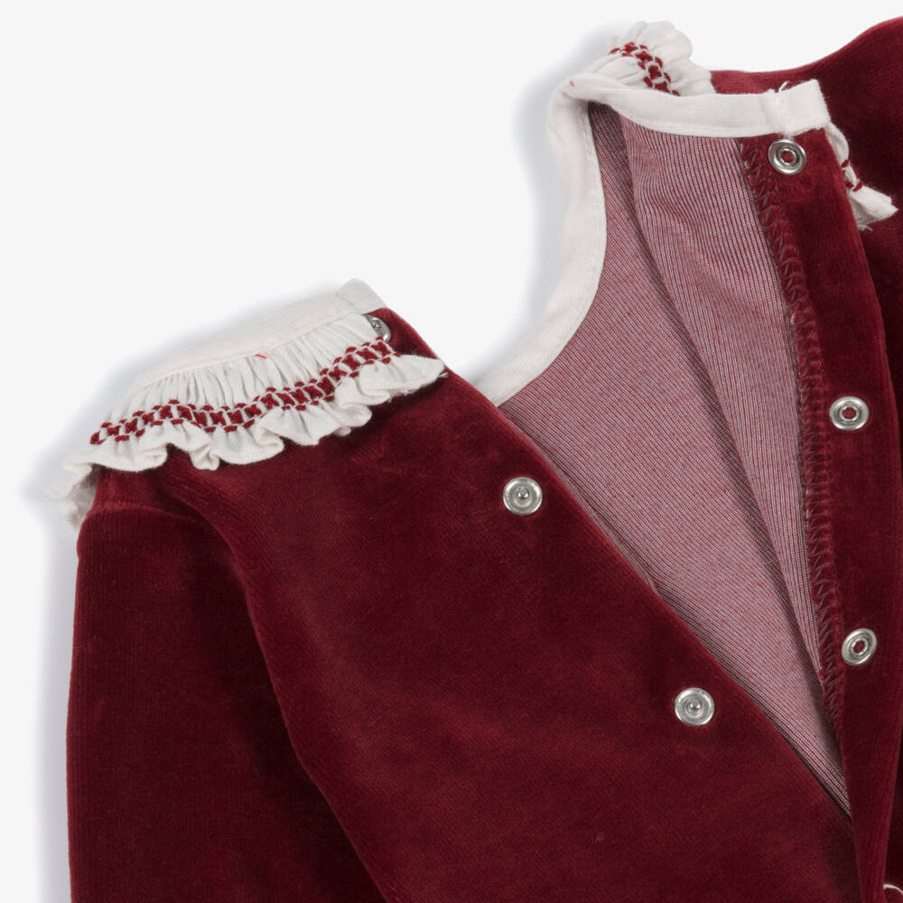Babidu-Girls Burgundy Red Velour Babygrow with Ruffle Collar | Childrensalon Outlet