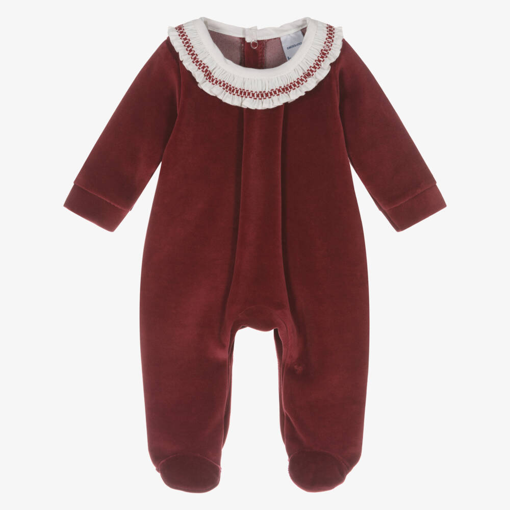 Babidu-Girls Burgundy Red Velour Babygrow with Ruffle Collar | Childrensalon Outlet