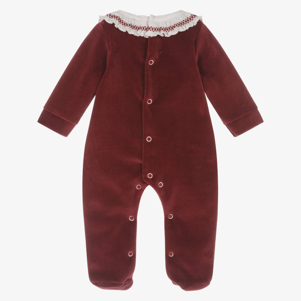 Babidu-Girls Burgundy Red Velour Babygrow with Ruffle Collar | Childrensalon Outlet