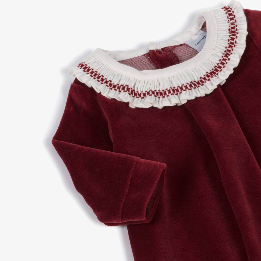 Babidu-Girls Burgundy Red Velour Babygrow with Ruffle Collar | Childrensalon Outlet