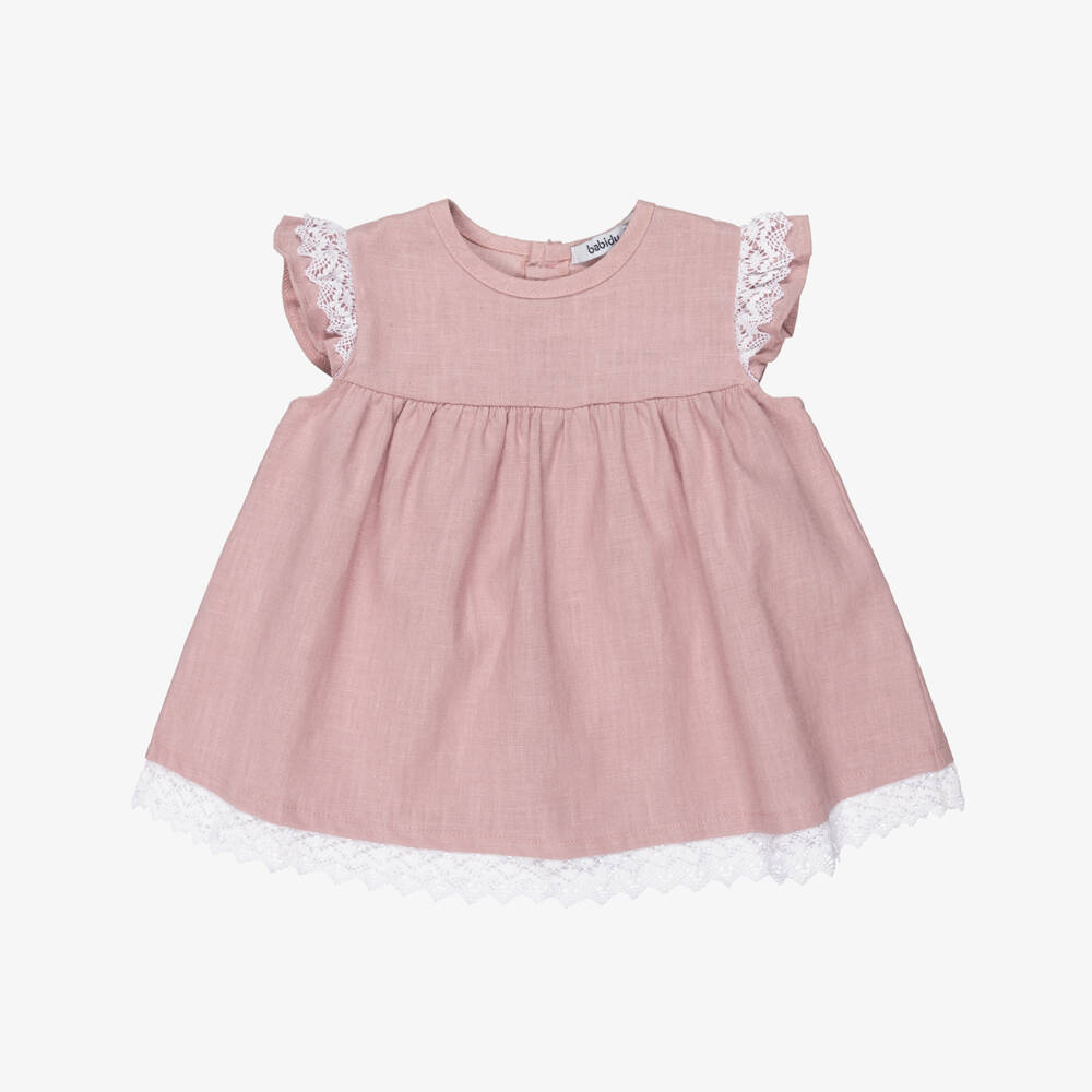 Babidu-Girls Dusky Pink Cotton Dress with Lace Trims | Childrensalon Outlet