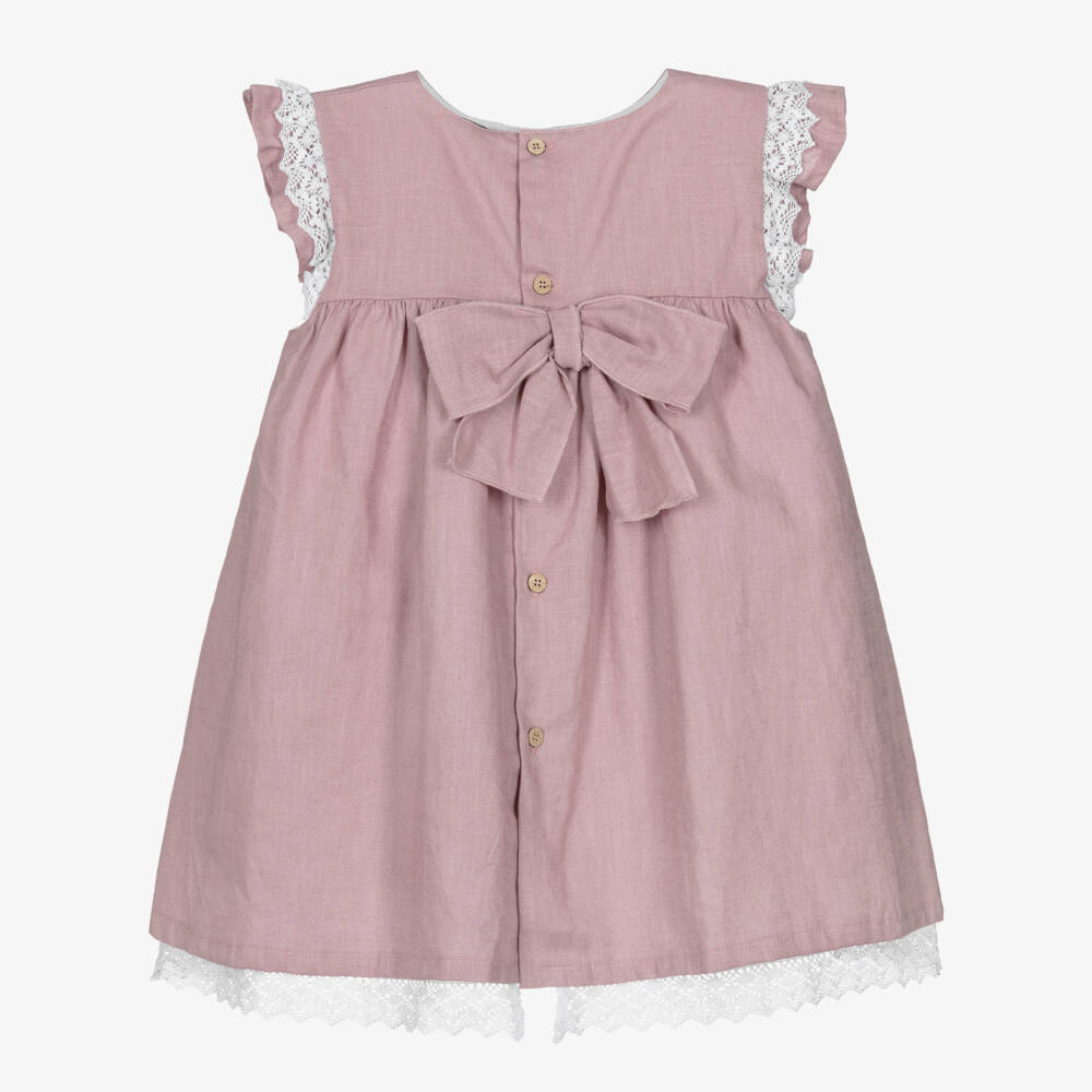 Babidu-Girls Dusky Pink Cotton Dress with Lace Trims | Childrensalon Outlet