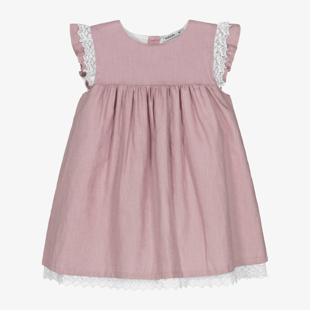 Babidu-Girls Dusky Pink Cotton Dress with Lace Trims | Childrensalon Outlet