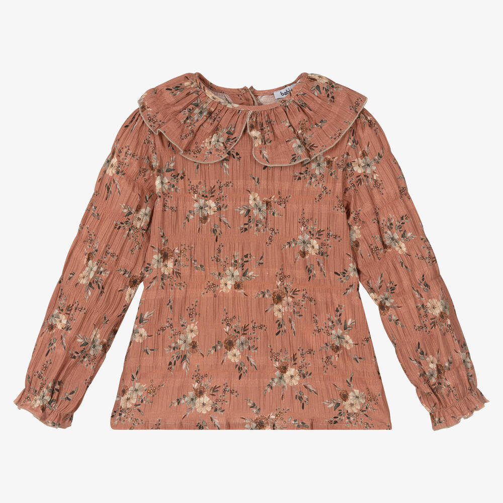 Babidu - Girls Dusky Pink Floral Cotton Blouse | Childrensalon