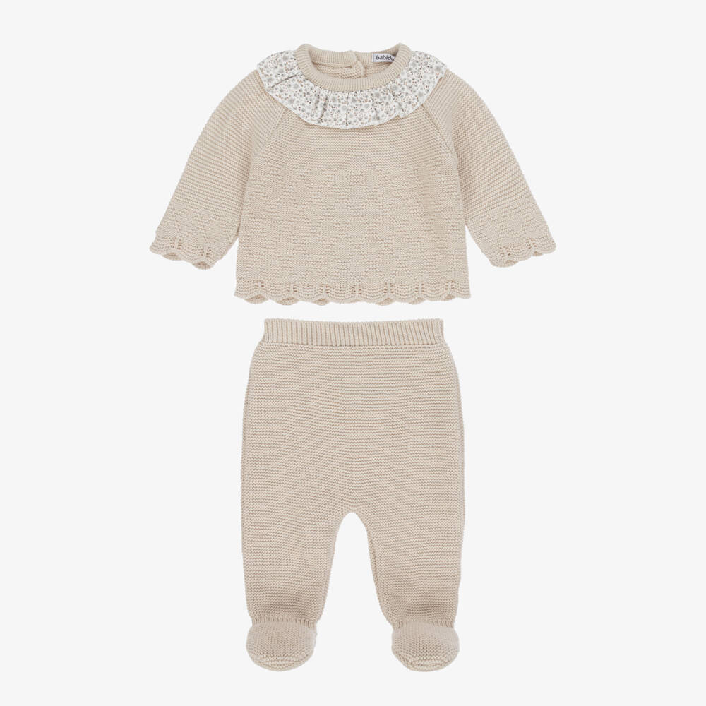 Babidu-Girls Floral & Beige Knitted 2 Piece Babysuit Set | Childrensalon Outlet