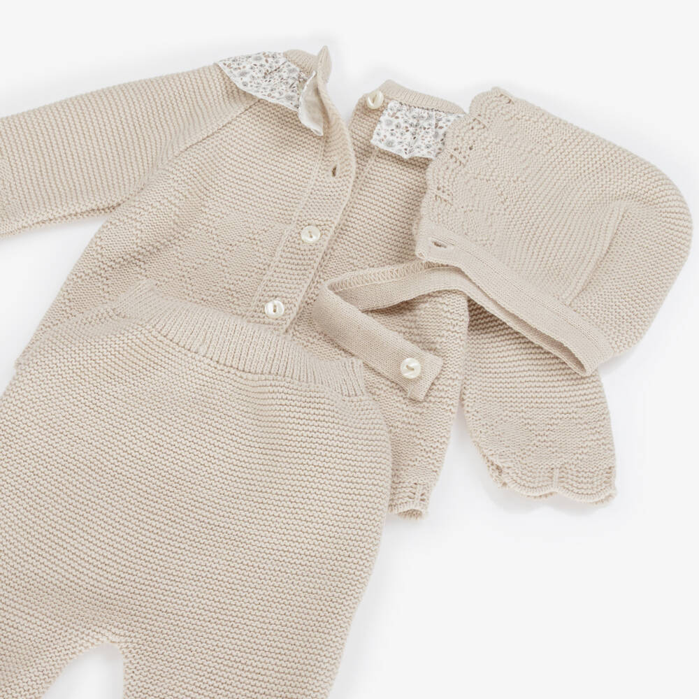 Babidu-Girls Floral & Beige Knitted 2 Piece Babysuit Set | Childrensalon Outlet
