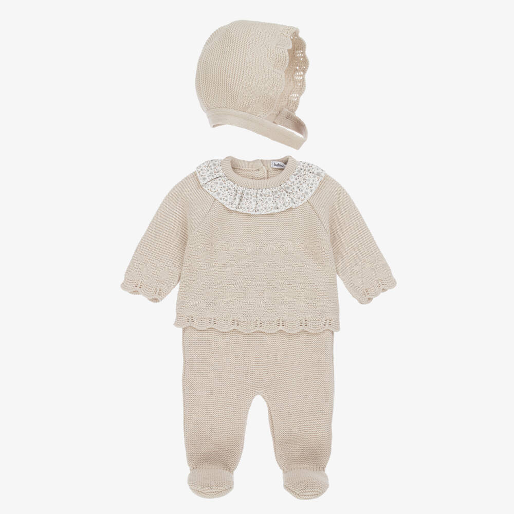 Babidu-Girls Floral & Beige Knitted 2 Piece Babysuit Set | Childrensalon Outlet