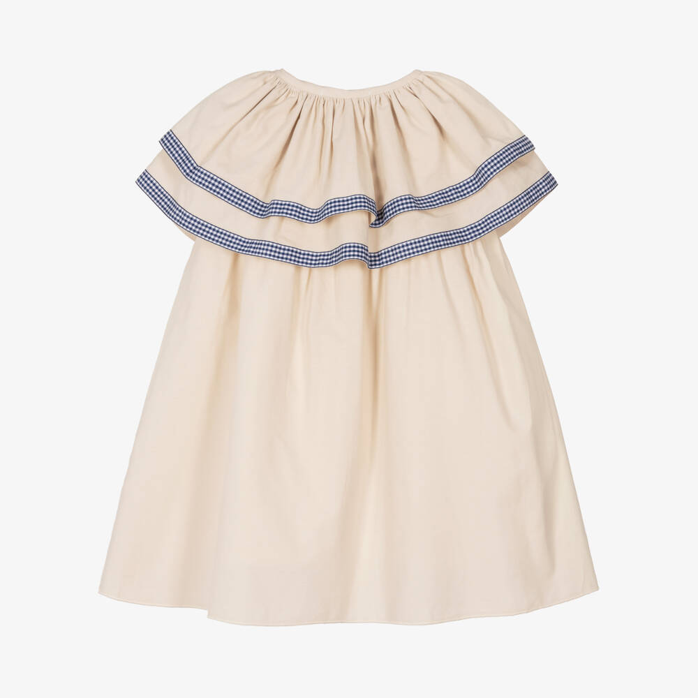Babidu-Girls Gingham-Trimmed Beige Dress | Childrensalon Outlet