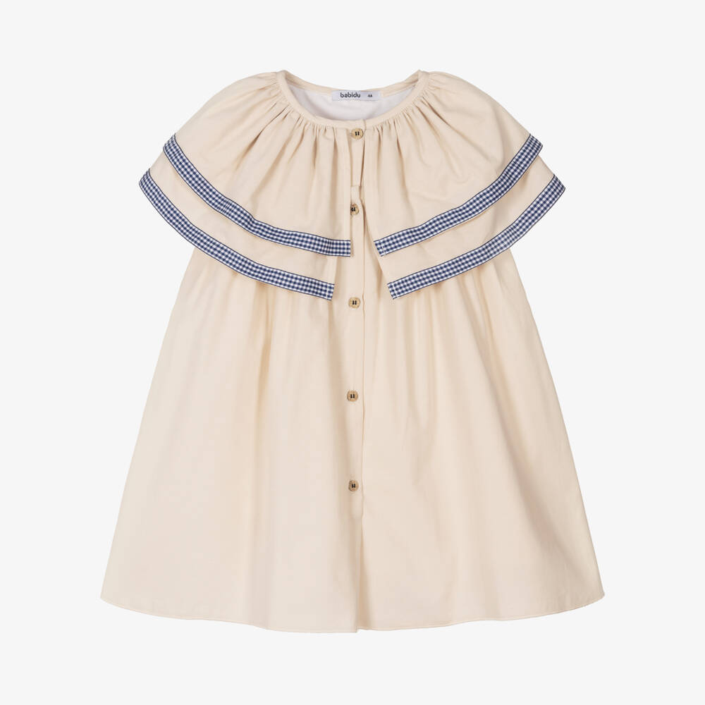 Babidu-Girls Gingham-Trimmed Beige Dress | Childrensalon Outlet