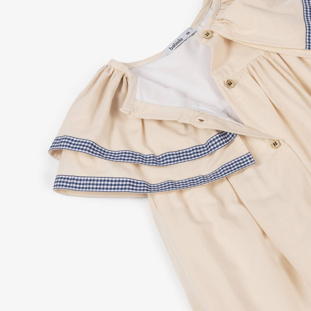 Babidu-Girls Gingham-Trimmed Beige Dress | Childrensalon Outlet