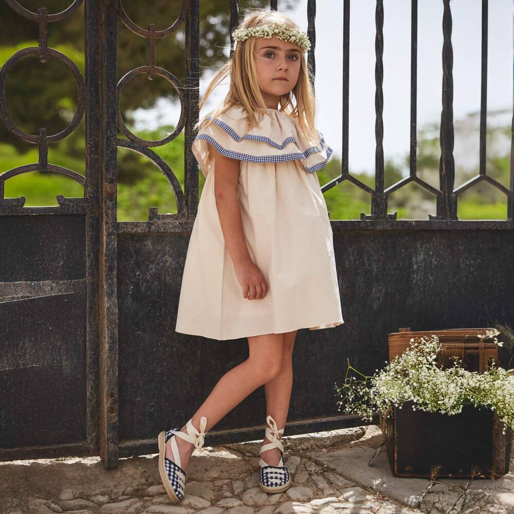 Babidu-Girls Gingham-Trimmed Beige Dress | Childrensalon Outlet