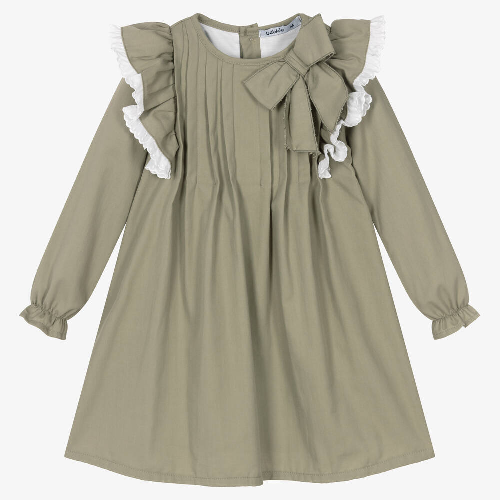 Babidu-فستان قطن تويل مزين بكشكش لون أخضر | Childrensalon Outlet