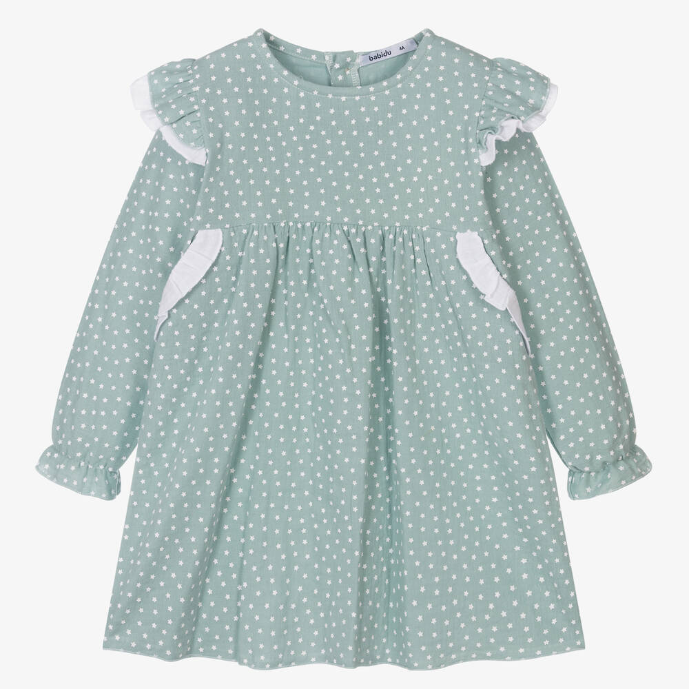 Babidu - Girls Green Cotton Cheesecloth Star Dress | Childrensalon