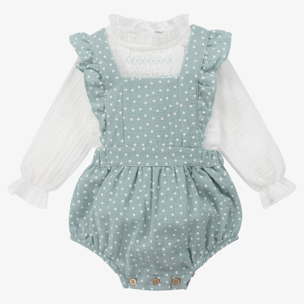 Babidu - Girls Green Cotton Dungaree Set | Childrensalon