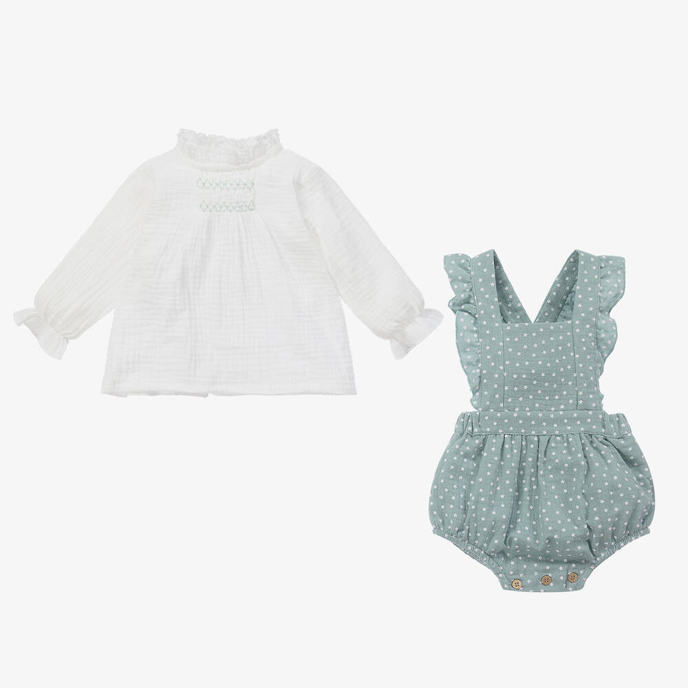 Babidu-Girls Green Cotton Dungaree Set | Childrensalon Outlet