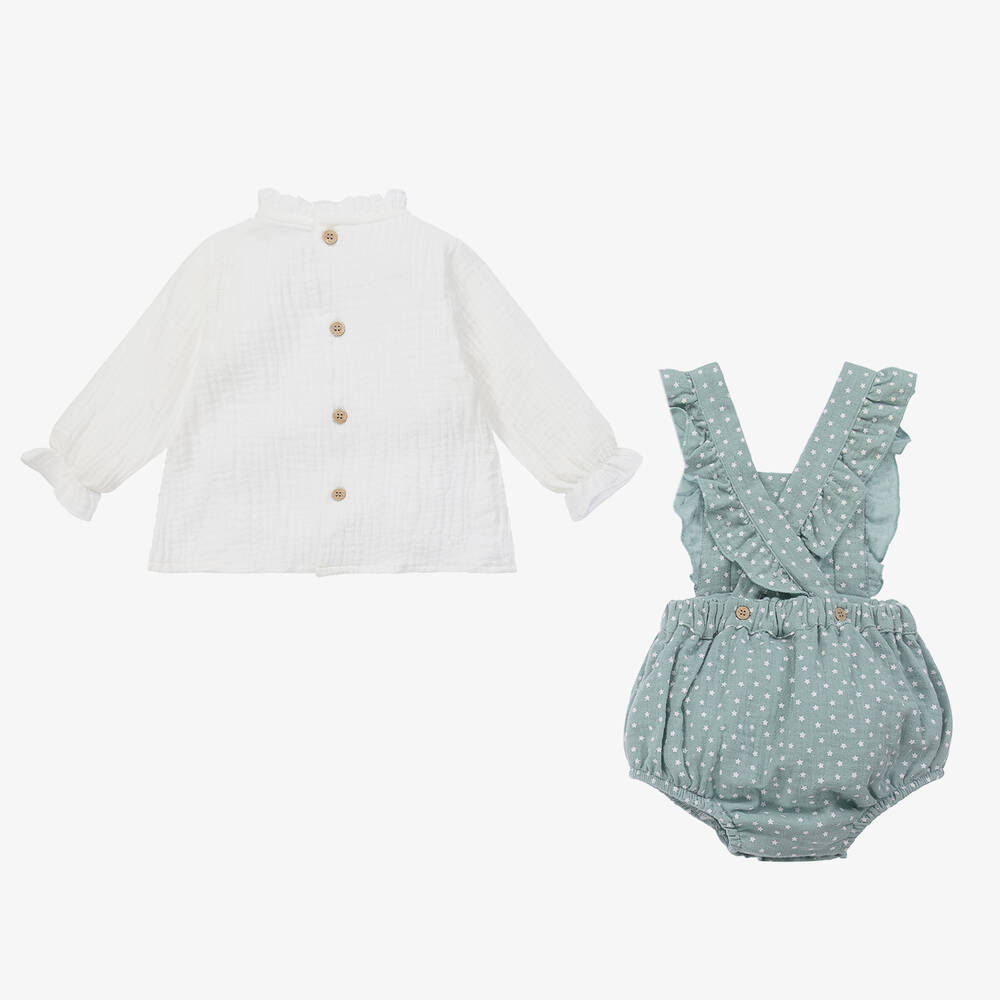 Babidu-Girls Green Cotton Dungaree Set | Childrensalon Outlet