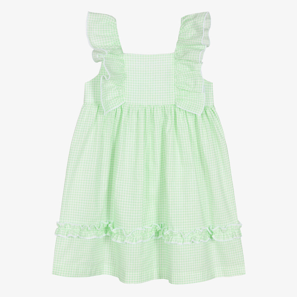 Babidu - Girls Green Cotton Gingham Dress | Childrensalon