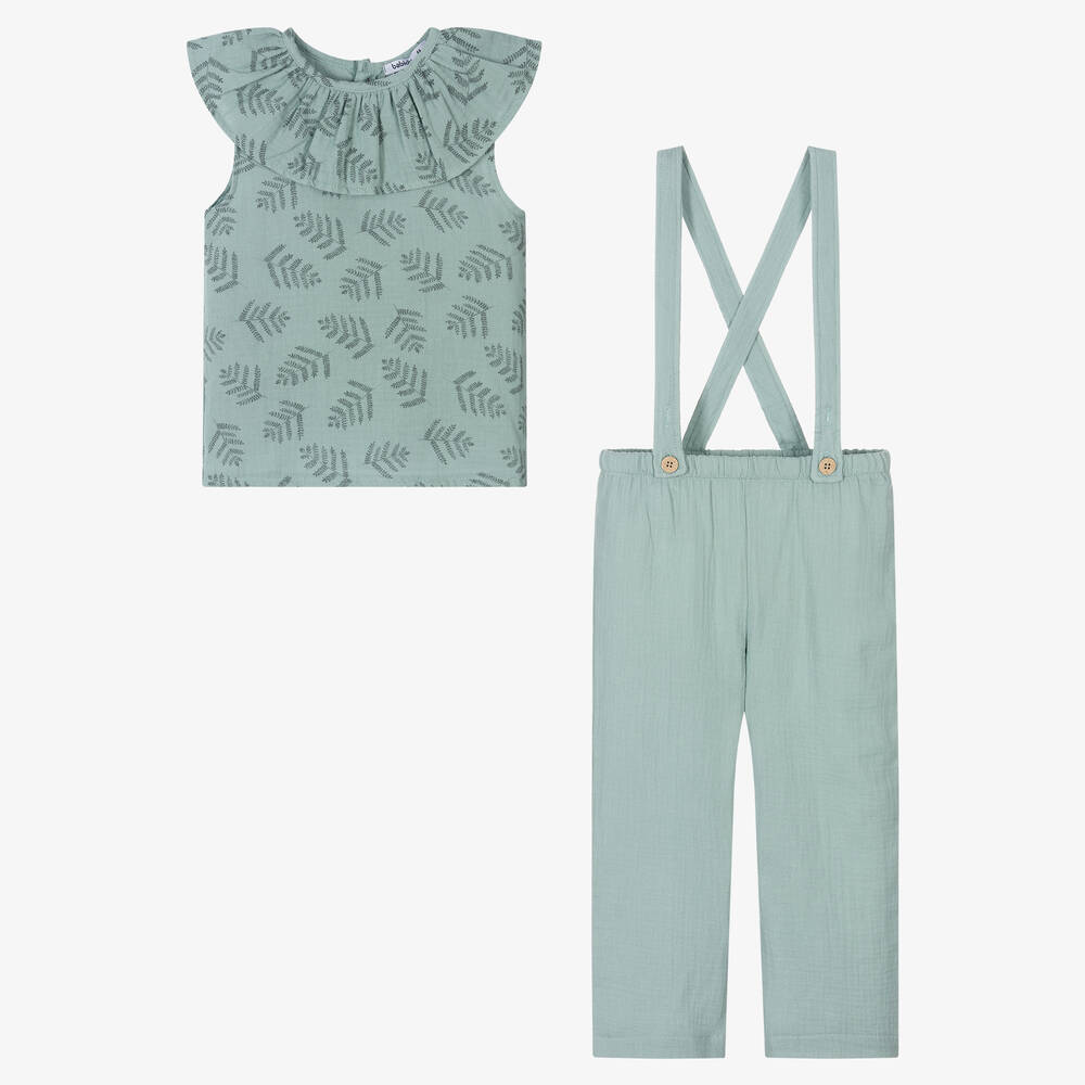 Babidu-Girls Green Cotton Trouser Set | Childrensalon Outlet