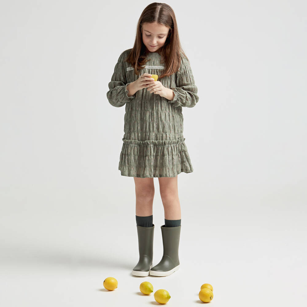 Babidu-فستان قطن لون أخضر بطبعة ورود | Childrensalon Outlet