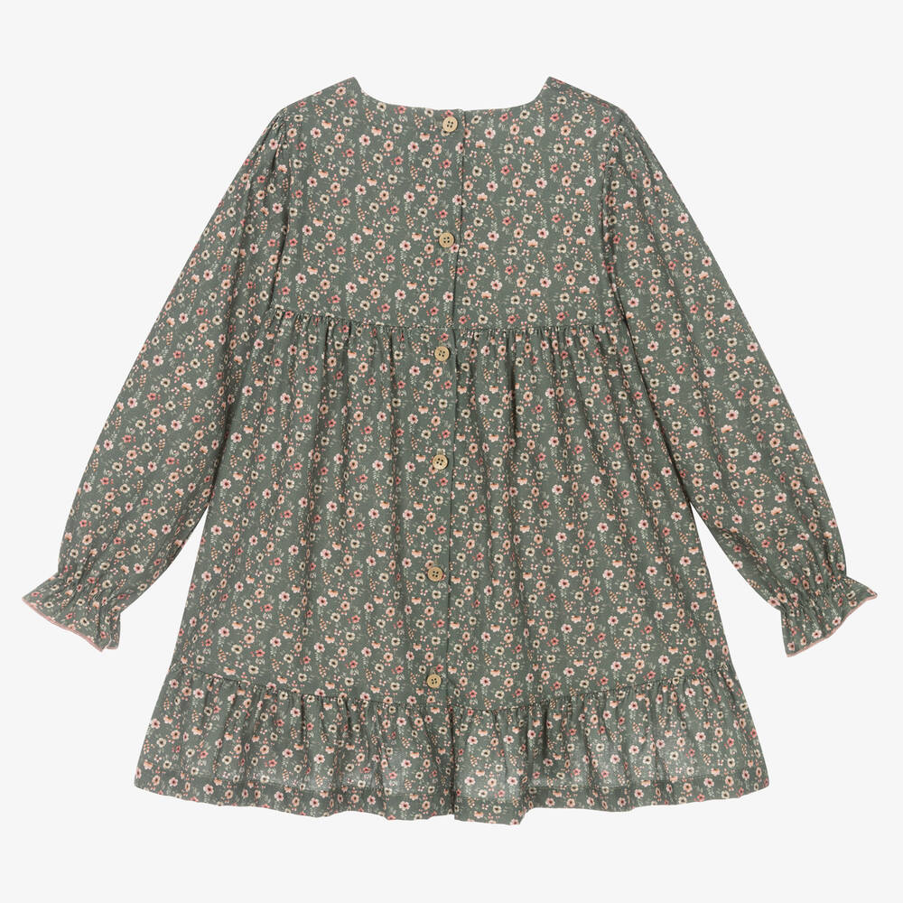 Babidu-فستان قطن تويل لون أخضر بطبعة ورود | Childrensalon Outlet