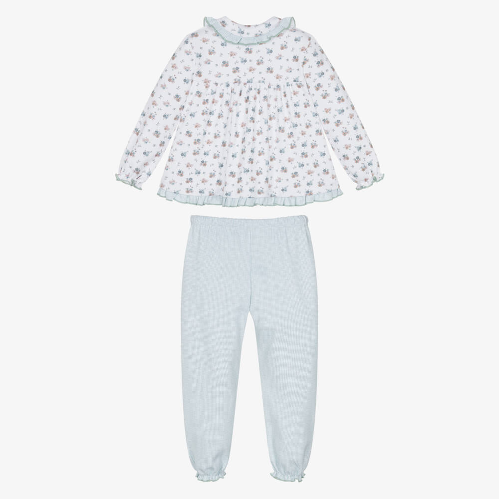Babidu-Girls Green Floral & Gingham Cotton Jersey Pyjamas | Childrensalon Outlet
