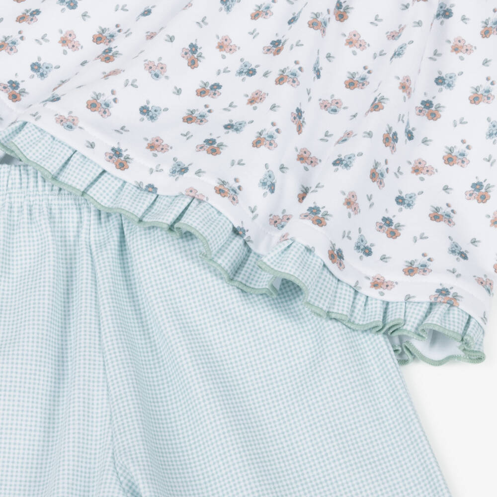 Babidu-Girls Green Floral & Gingham Cotton Jersey Pyjamas | Childrensalon Outlet