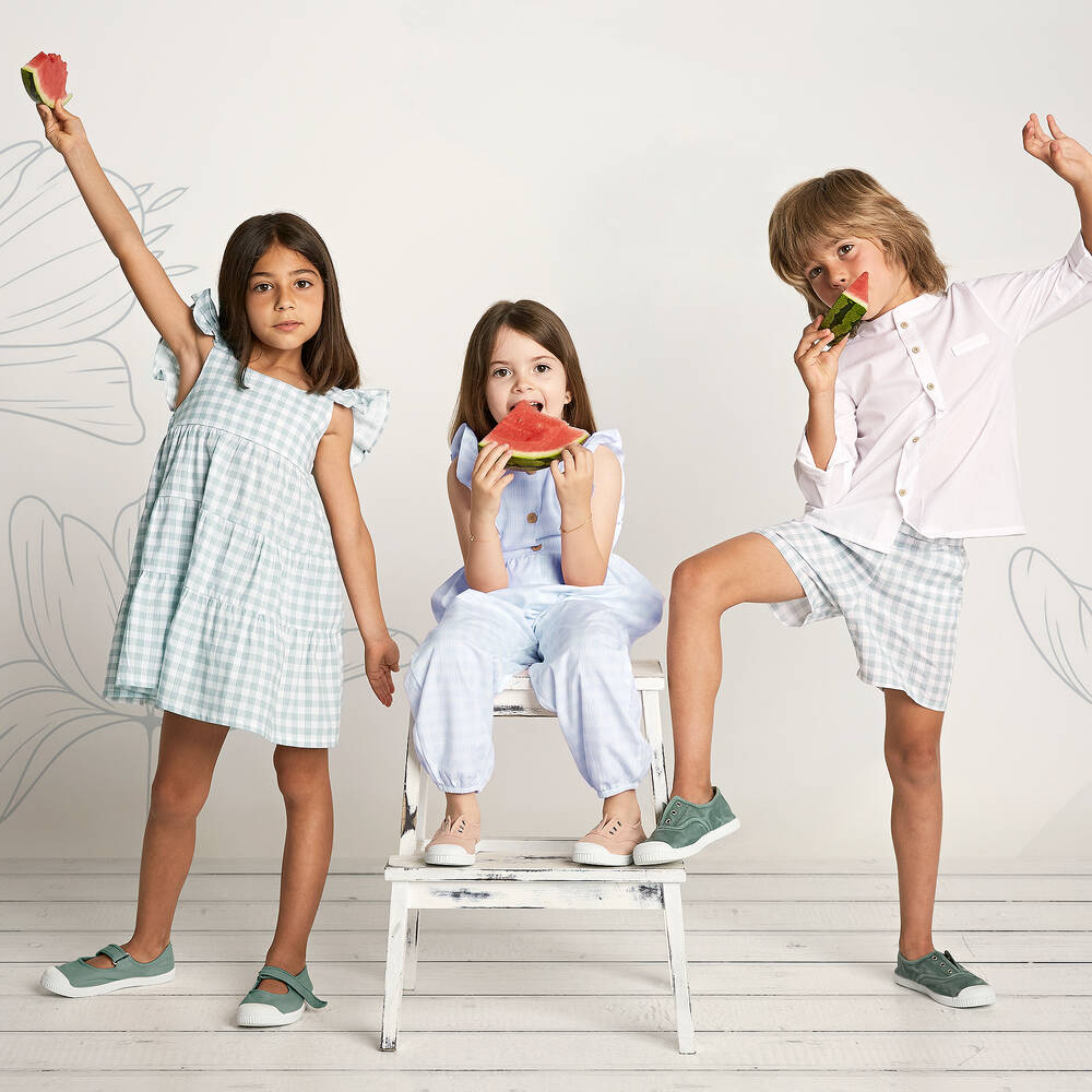 Babidu-فستان قطن بوبلين كاروهات لون أخضر وأبيض | Childrensalon Outlet