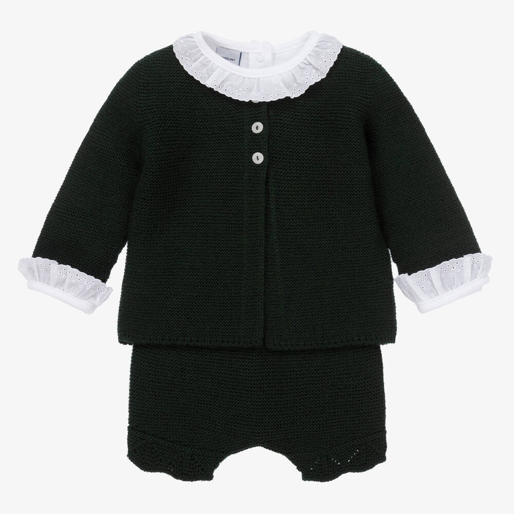 Babidu - Girls Green Knitted Shorts Set | Childrensalon