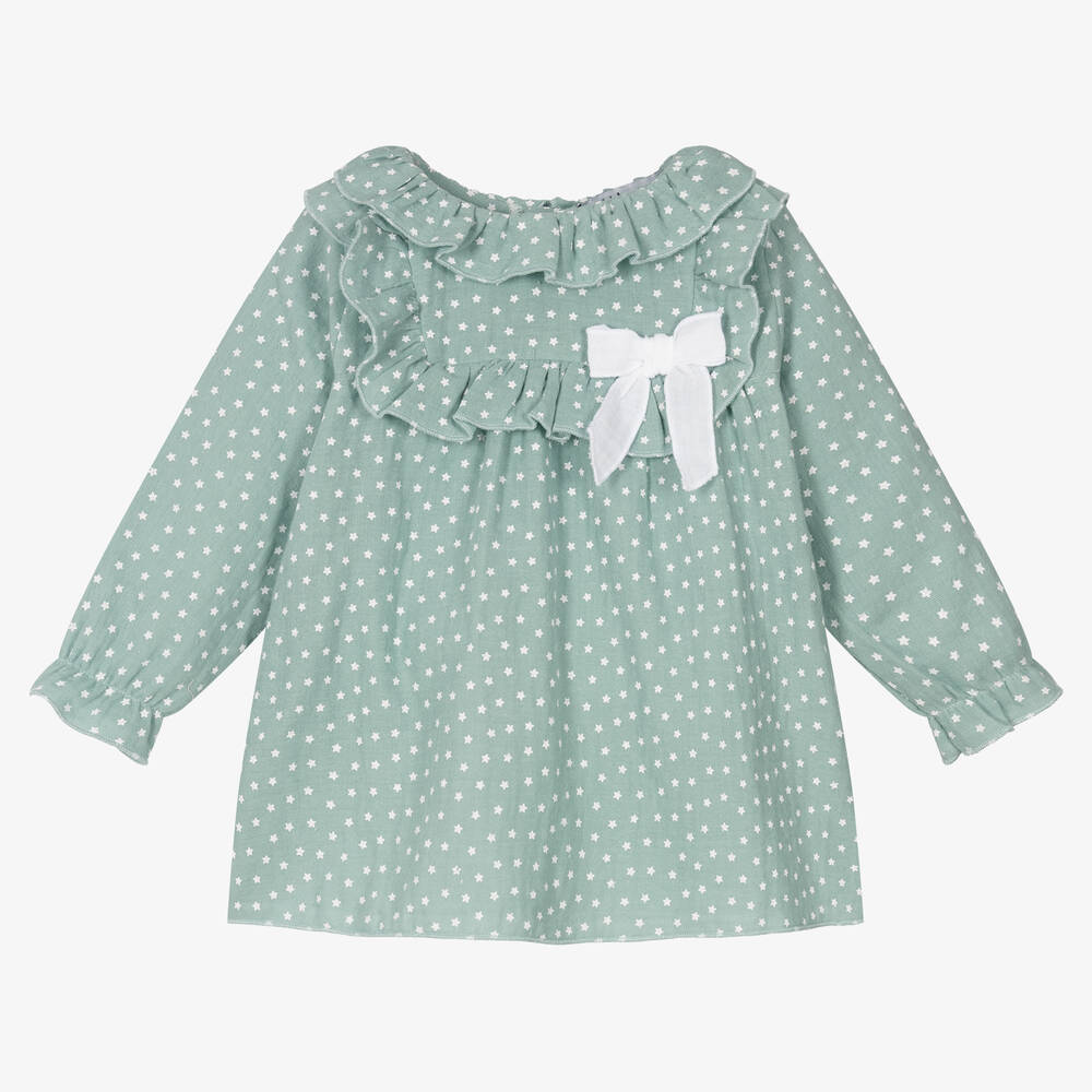 Babidu - Girls Green Stars Cotton Dress | Childrensalon