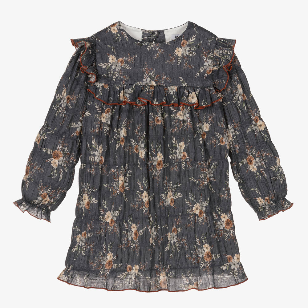 Babidu - Girls Grey Cotton Floral Dress | Childrensalon