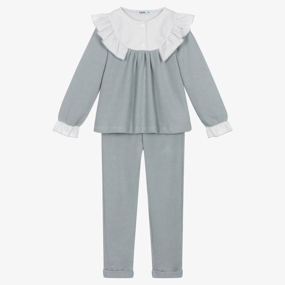 Babidu -  Girls Grey Frill Cotton Trouser Set | Childrensalon
