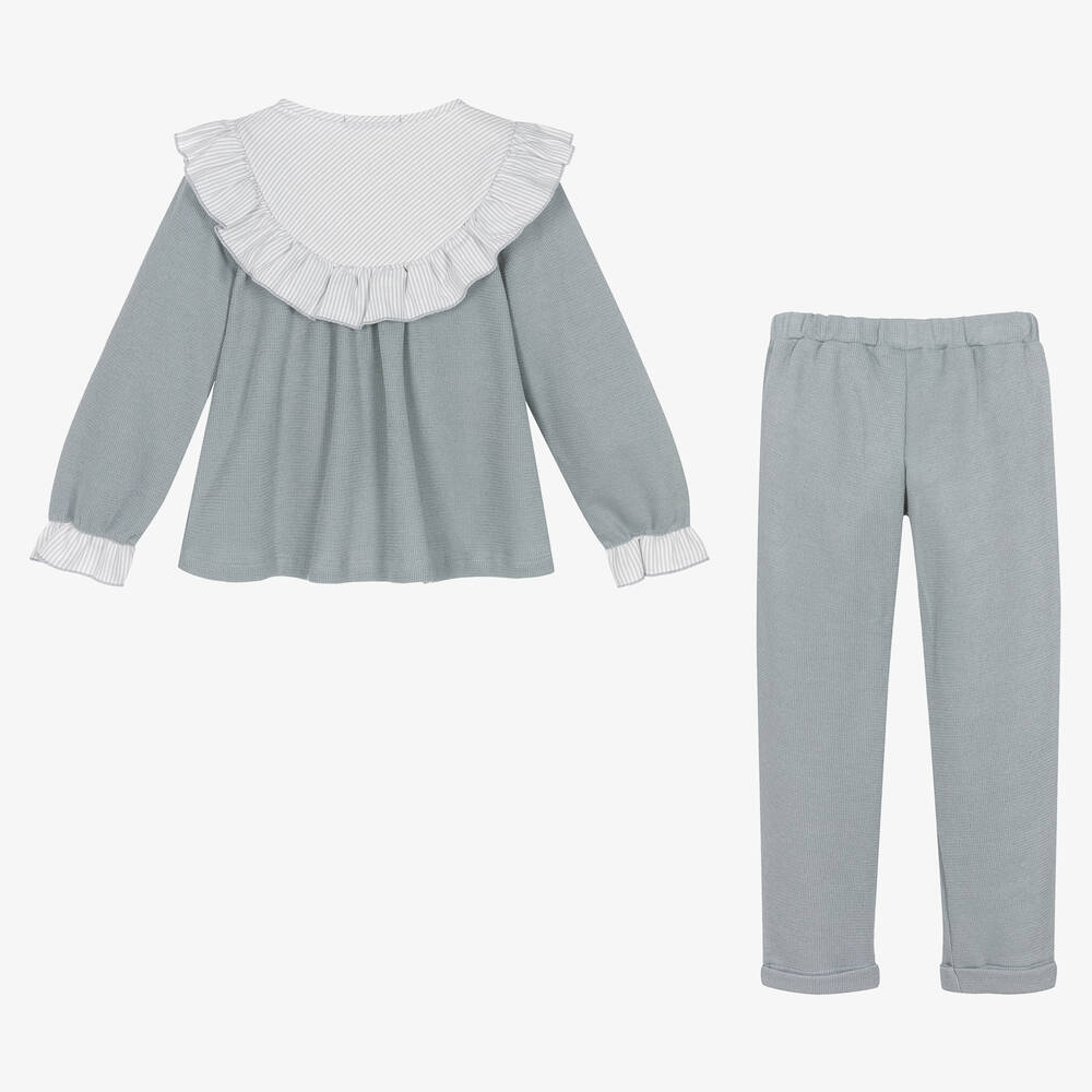 Babidu- Girls Grey Frill Cotton Trouser Set | Childrensalon Outlet