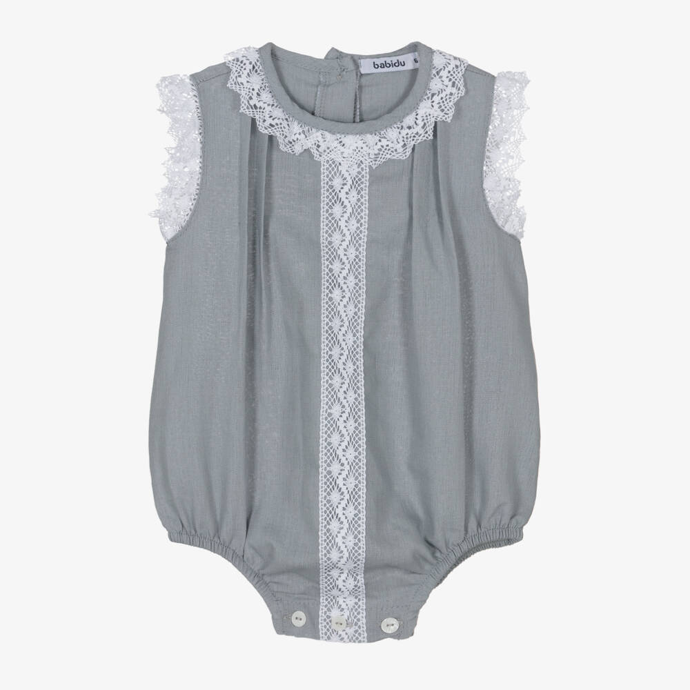 Babidu-Girls Grey Lace-Trimmed Cotton Romper | Childrensalon Outlet
