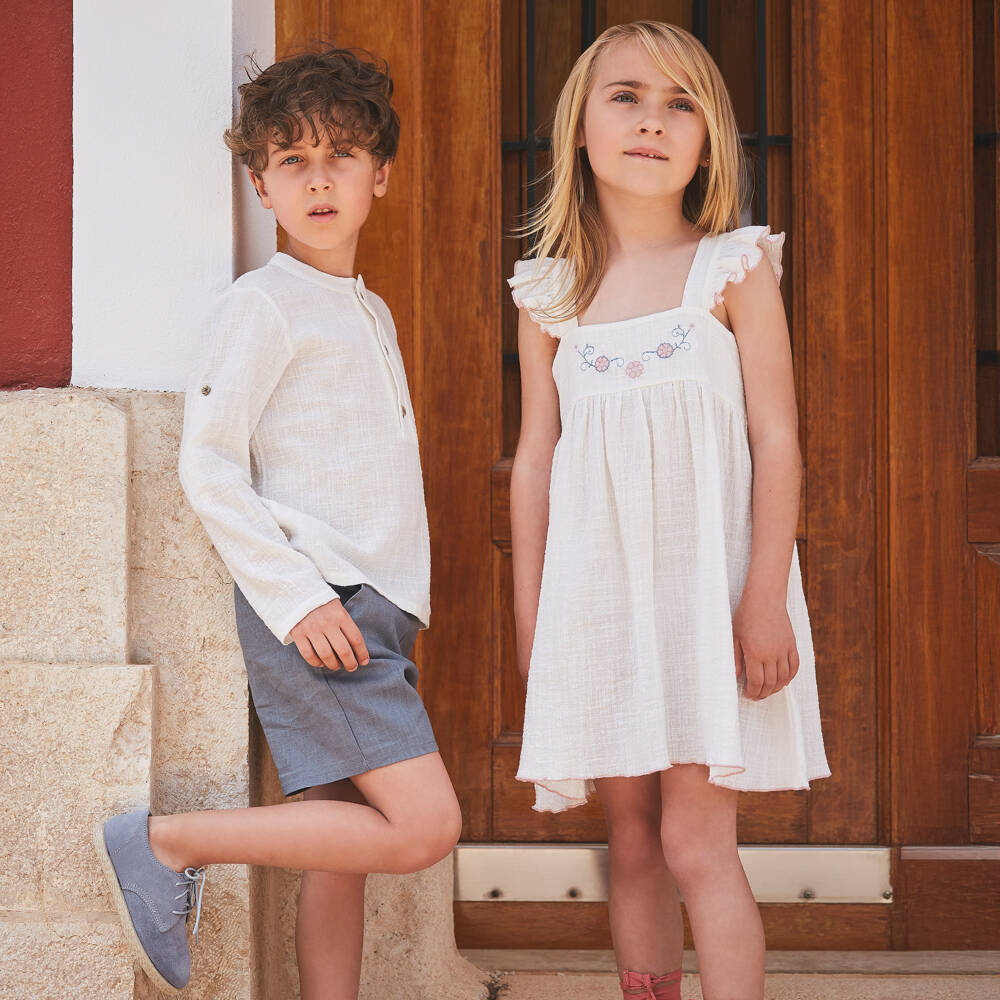 Babidu-Girls Ivory Cotton Dress with Pink Floral Embroidery | Childrensalon Outlet