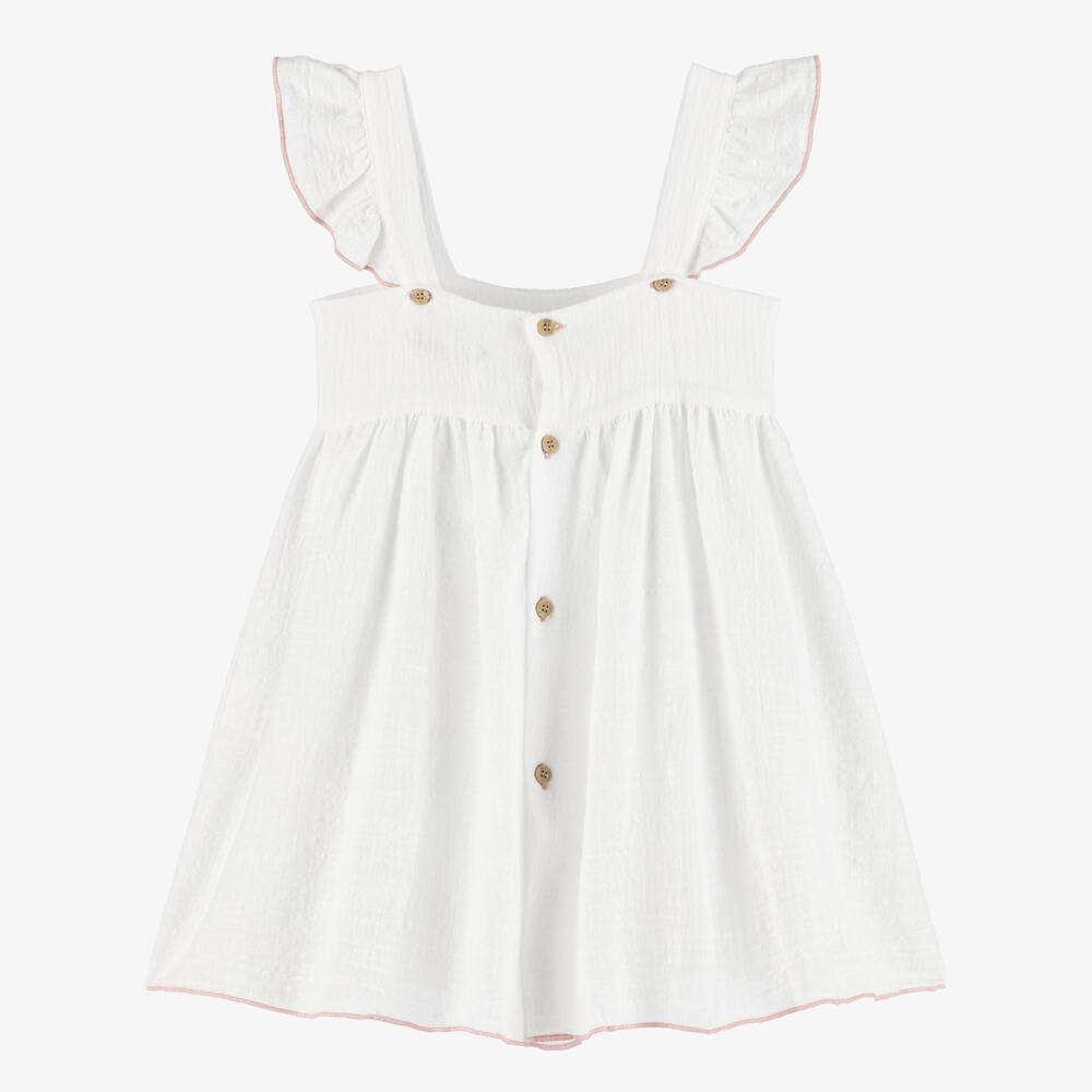 Babidu-Girls Ivory Cotton Dress with Pink Floral Embroidery | Childrensalon Outlet