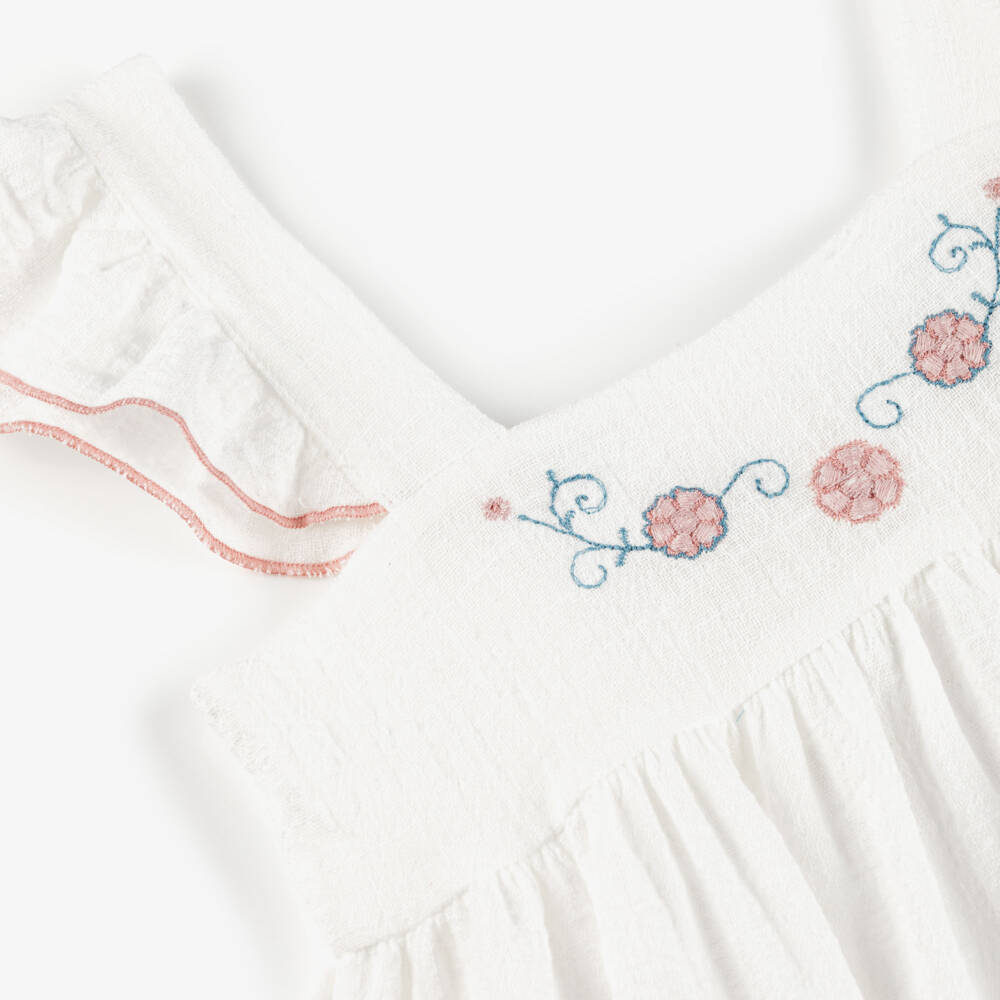 Babidu-Girls Ivory Cotton Dress with Pink Floral Embroidery | Childrensalon Outlet