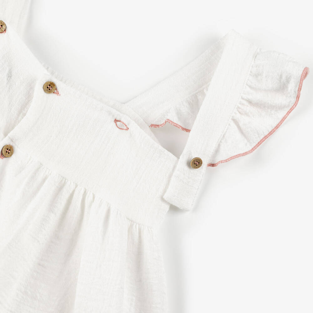Babidu-Girls Ivory Cotton Dress with Pink Floral Embroidery | Childrensalon Outlet