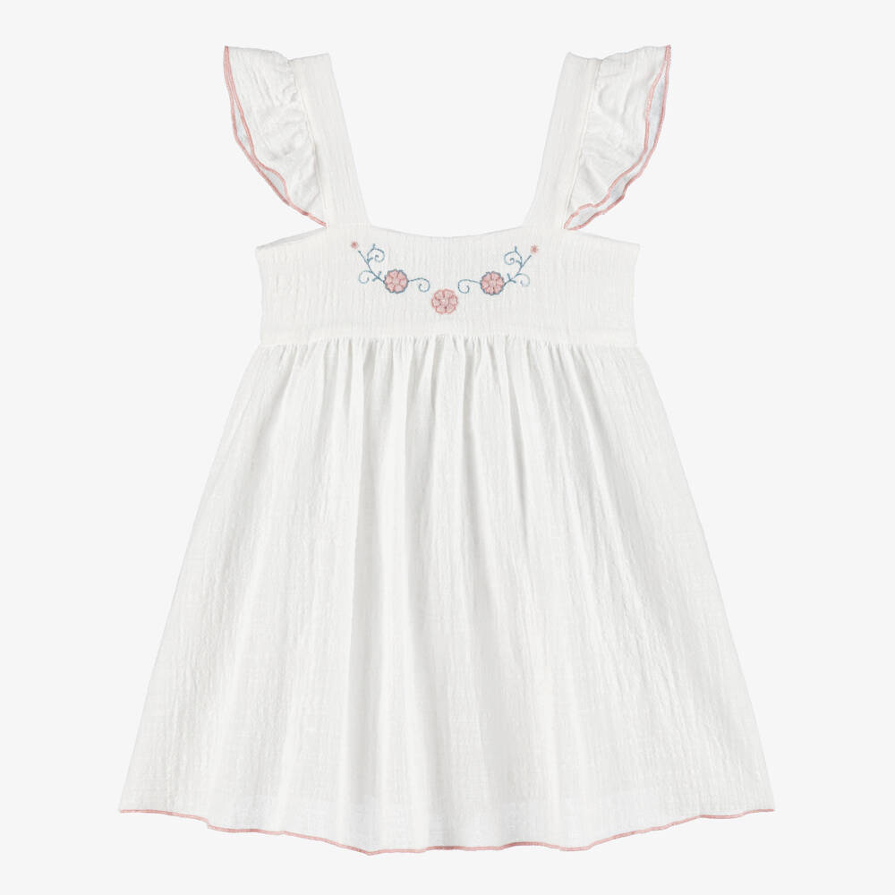 Babidu-Girls Ivory Cotton Dress with Pink Floral Embroidery | Childrensalon Outlet