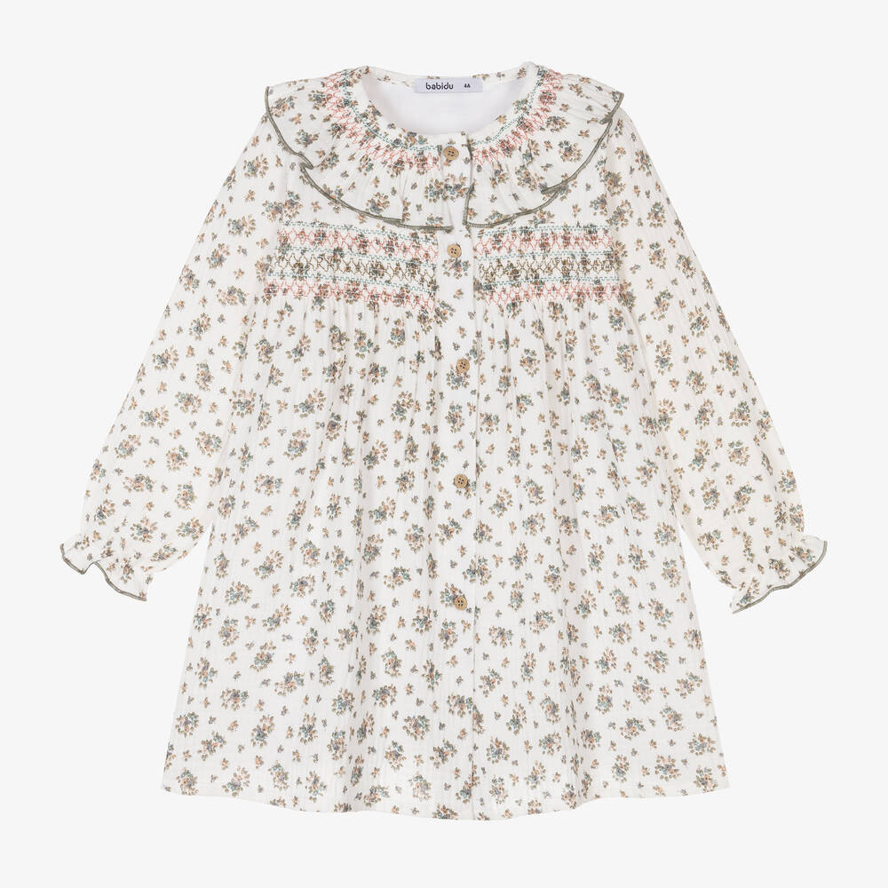 Babidu-Girls Ivory Cotton Floral Dress | Childrensalon Outlet