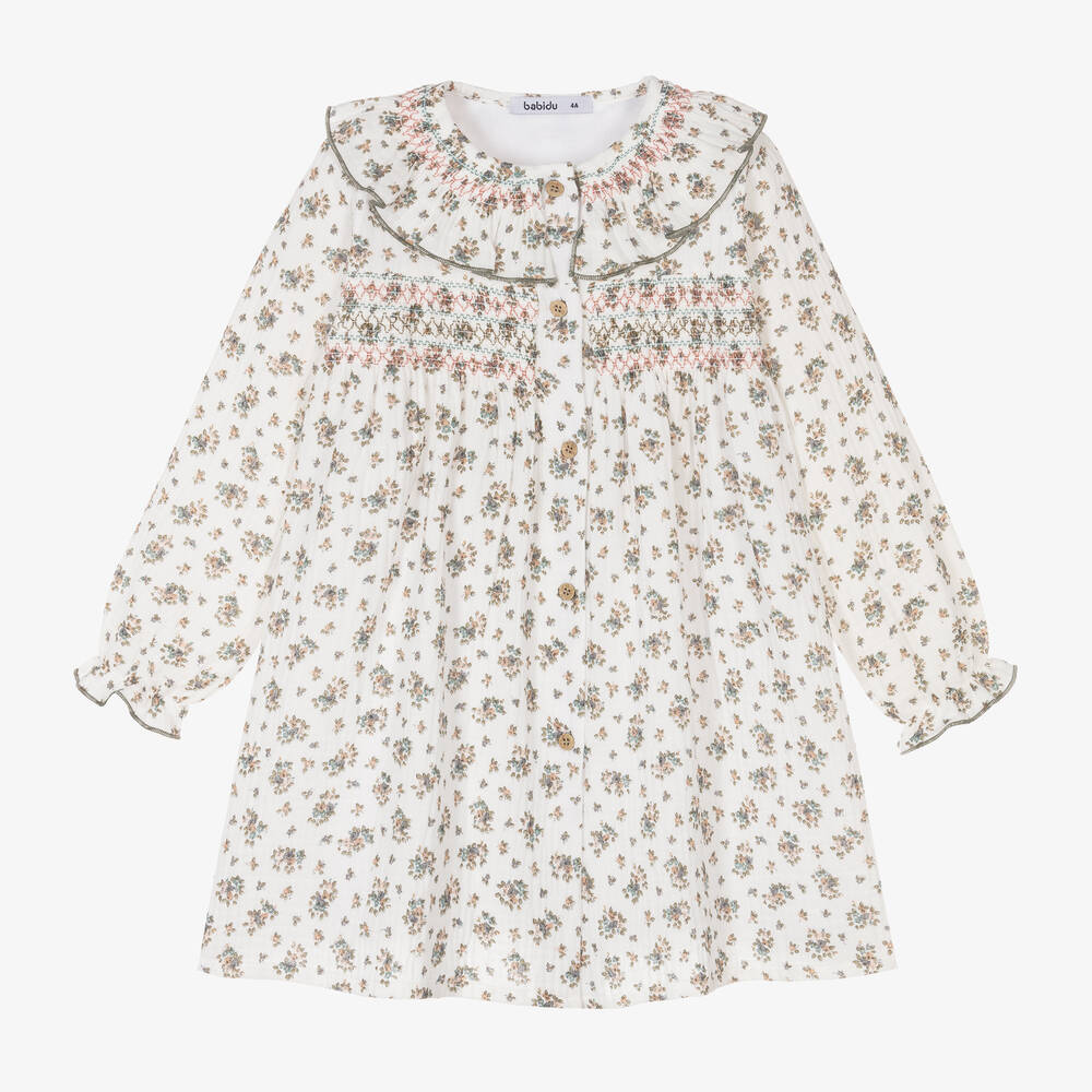 Babidu - Girls Ivory Cotton Floral Dress | Childrensalon