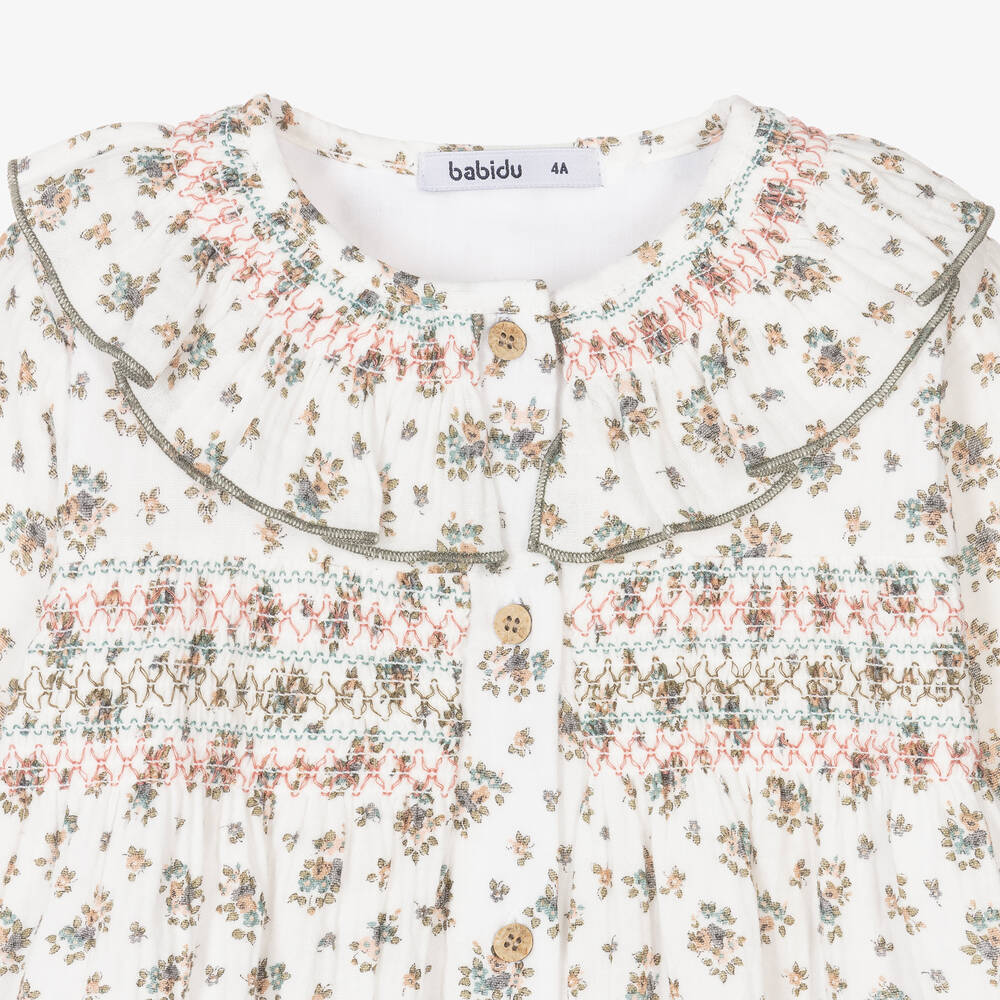 Babidu-Girls Ivory Cotton Floral Dress | Childrensalon Outlet