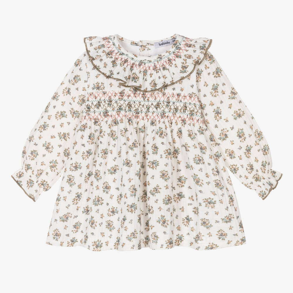 Babidu - Robe ivoire en coton à fleurs fille | Childrensalon