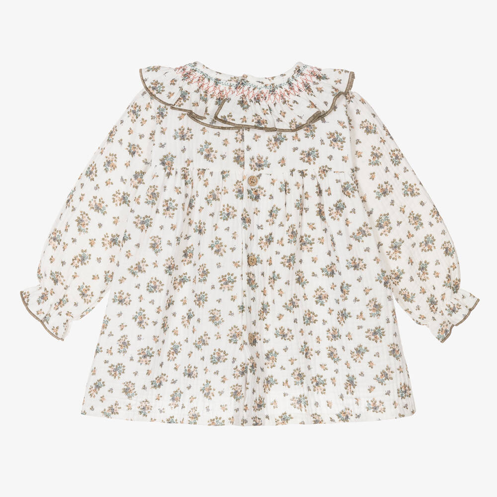 Babidu-فستان قطن لون عاجي بطبعة ورود | Childrensalon Outlet