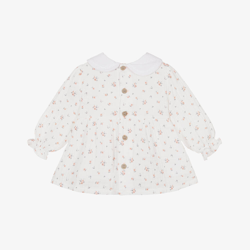 Babidu-فستان أطفال بناتي بطبعة ورود قماش قطن لون عاجي | Childrensalon Outlet